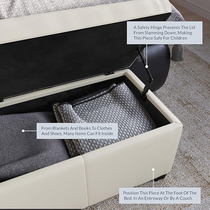 BELLEZE 47 Inch Storage Ottoman, Faux Leather Storage Bench Bedroom Bench with Safety Close Hinge, Ottoman with Storage for Living Room, Entryway, Hallway, Foot Rest, Support 300lbs - Cream