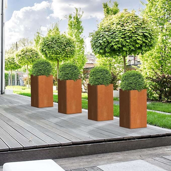 Modern Cor Ten Steel Planter – 28” Tall Planters with Removable Insert Shelf | Heavy-Duty Rust-Resistant Metal Planter Box for Patio, Porch & Garden (14x14x28in)