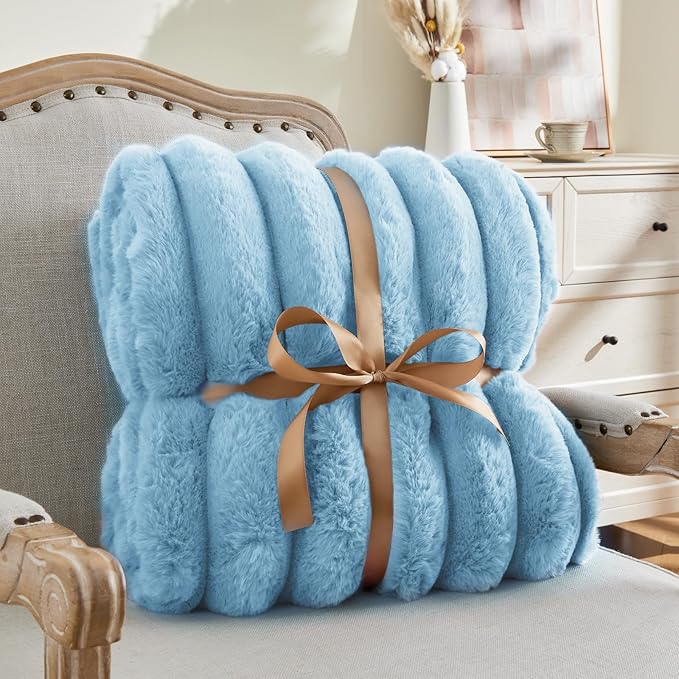BEDELITE Faux Rabbit Fur Blanket, Luxurious 3D Striped Spring Blanket for Decor & Gift, Soft and Warm Plush Fluffy Faux Fur Throw Blanket All Seasons Suitable, (Light Blue, 60"x 80")