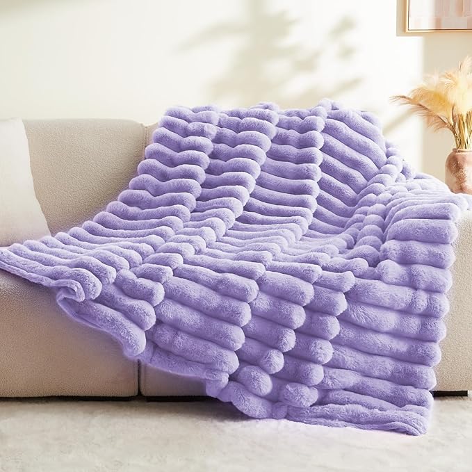 BEDELITE Faux Fur Throw Blanket for Couch, Soft and Cozy Luxurious 3D Striped Fluffy Blanket, 770GSM Thick Warm Plush Fuzzy Faux Rabbit Fur Blanket for Women Gift (Lavender, 60"x 80")