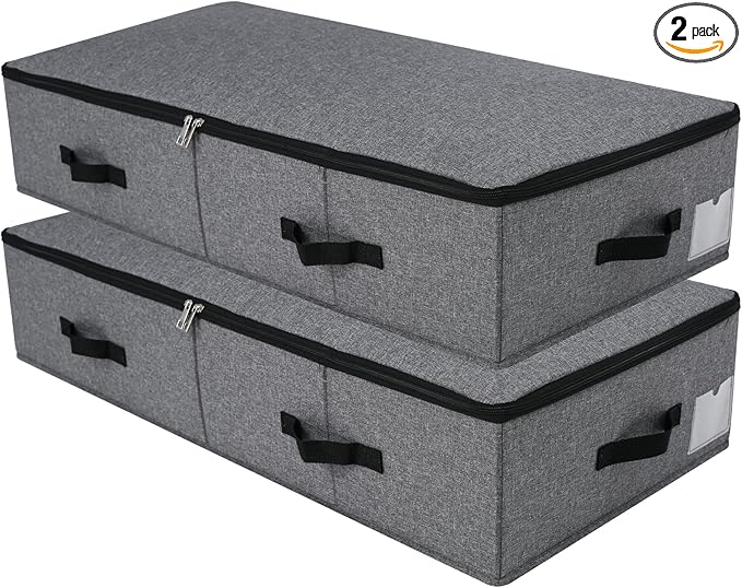 2PCS Foldable Blankets Clothes Comforters Storage Bin Organizer with Plastic Support Liner for Blankets, Towels, Comforter, Sweaters, Linen Sheets, Wrapping Paper, Black Grey