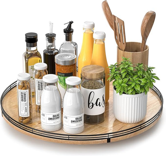 18" Lazy Susan Oak Wood Turntable Organizer for Cabinet, Farmhouse Round Wooden Large Lazy Susan Organization and Storage for Dining Table, Pantry, Kitchen, Countertop, Cupboard, Home Decor