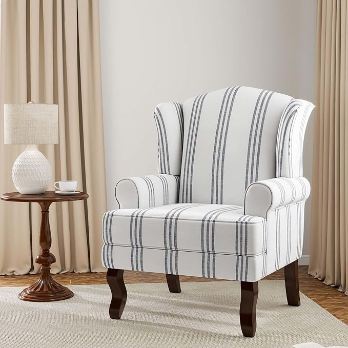 Accent Chair, High Back Upholstered Armchair with High Resilience Sponge & Wood Legs, Mid-Century Modern Comfy Single Sofa Reading Chairs for Living Room, Bedroom (Stripe Navy, Set of 1)