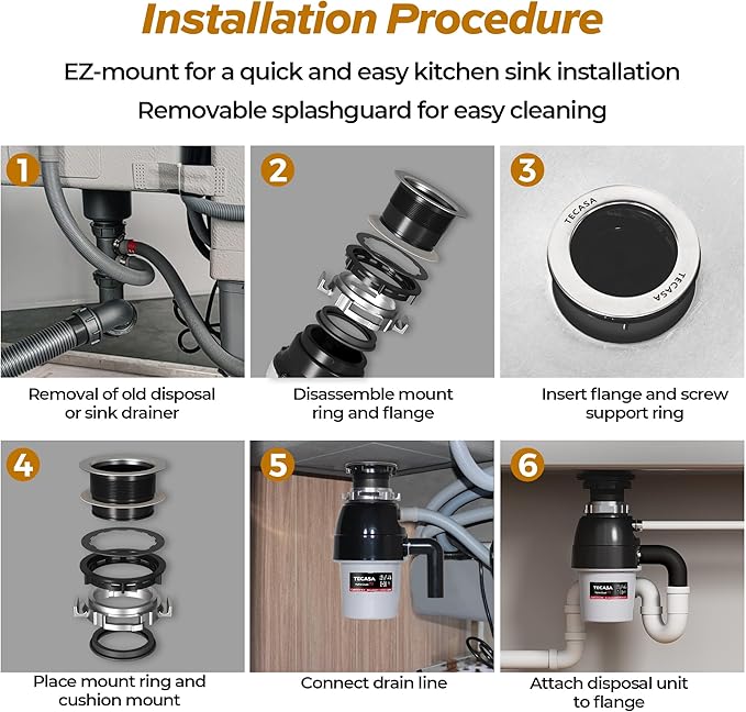 3/4 HP Corded Garbage Disposal for Kitchen Sinks, TECASA Continuous Feed Food Waste Disposer, Sound Reduction, Power Cord Included, Grey and Black - HyperCrush 75