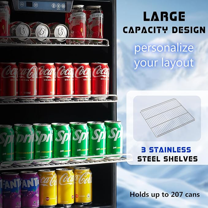 Albott Beverage Refrigerator-24 In fridge with Glass Door, Adjustable Shelves and LED Touch Panel, Under Counter Design for Wine Beer, Built-In or Freestanding Use, 34-64℉