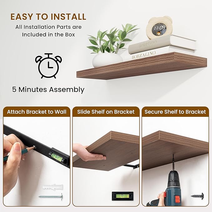 36 Inch Floating Shelves, 9.3 Inch Deep Rustic Wall Shelves - Extra Deeper Wall Mounted Storage Shelves for Bathroom, Kitchen, Living Room (Walnut, Set of 2)