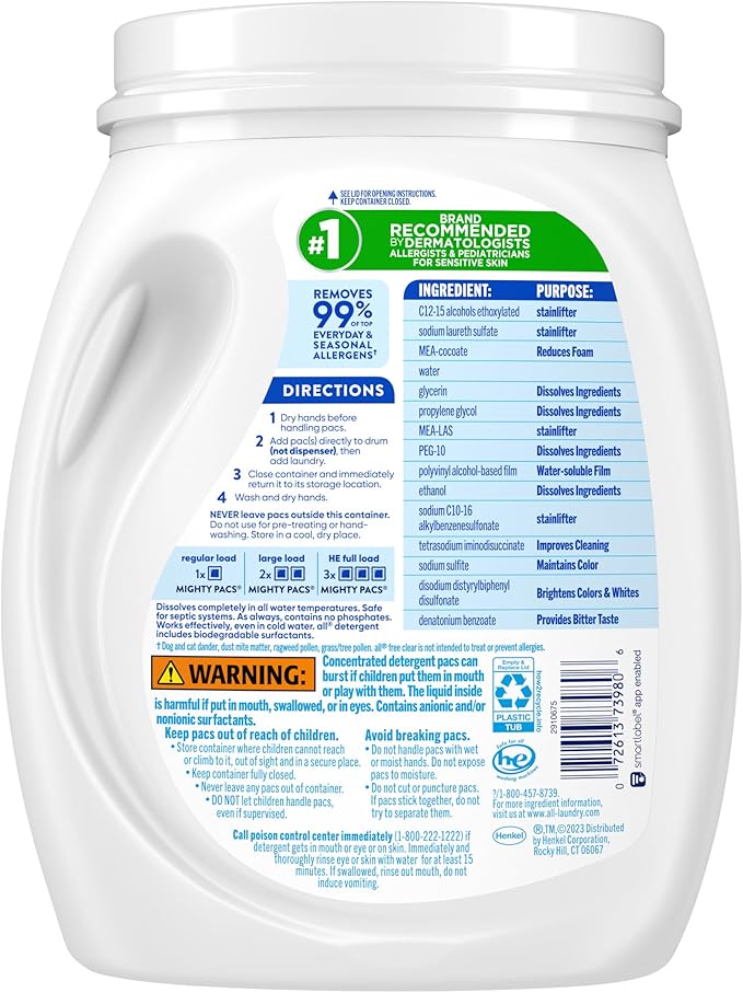 all free clear, Original, MIGHTY PACS Laundry Detergent Pacs for Sensitive Skin, Unscented and Hypoallergenic, 66 Count (Pack of 2)