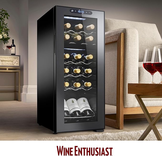 Wine Enthusiast 18-Bottle Dual Zone MAX Compressor Wine Cooler – Freestanding Beverage Refrigerator, Mini Fridge with Digital Touchscreen, Split Storage, Energy-Efficient Cooling, and LED Display