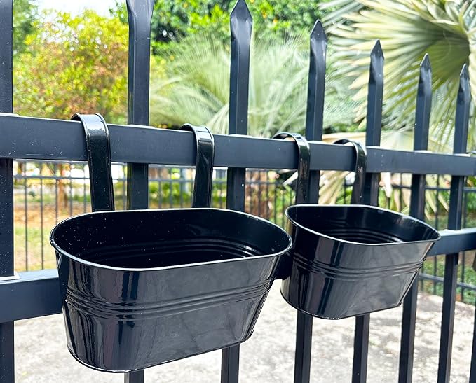 4 Pack Metal Hanging Planter for Outdoor Plants, 10 Inch Black Fence Planters Railing Pots for Garden Patio Balcony Decor, Flower Bucket with Detachable Hooks (Black, 4Pcs)