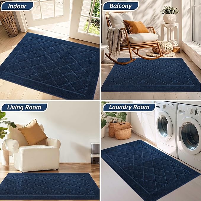 BEQHAUSE Dirt Trapper Door Mat 36" x 60", Doormat Non-Slip Entryway Rugs Washable, Dog Door Mat Stain Resistant and Absorbent Welcome Floor Mat for Front Back Door, Muddy Wet Shoes & Paws, Navy Blue