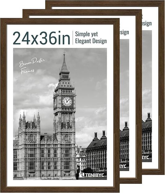 24x36 Poster Frame 3 Pack - Brown Woodgrain, Wood Picture Frame, Wall Gallery Frame - Wall Hanging