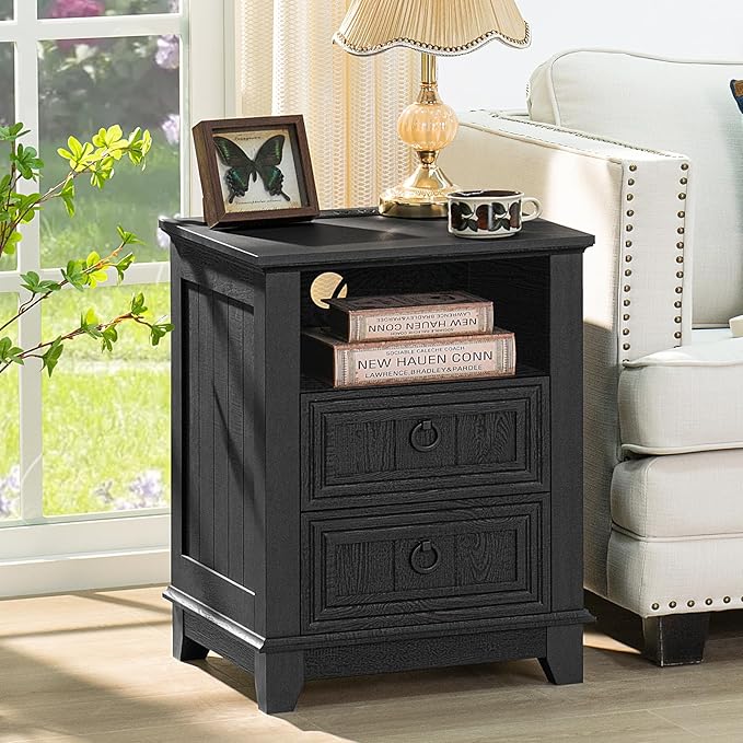 18" Night Stands Set of 2 with Charging Station, Farmhouse 2 Drawers End Table Dresser for Bedroom, Black Wooden Nightstand, Bed Side Table with Open Shelf, Bedside Cabinet for Living Room