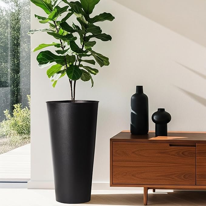 2-Pack 28" Tall Metal Planters - Heavy-Duty Round Flower Pots with Built-in Drainage + Rustic Industrial Finish, All-Climate Deck & Patio Ready Indoor/Outdoor Multi-Scene Garden Vessels