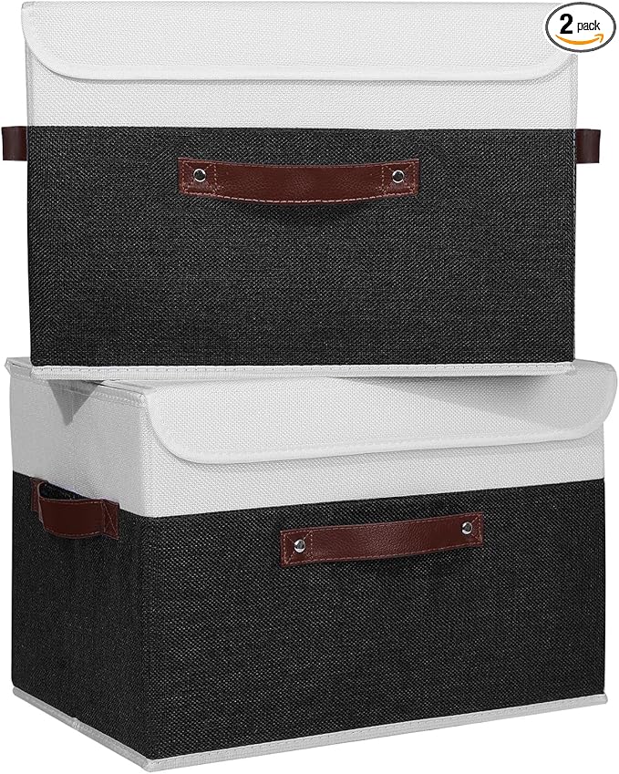 ANMINY 2PCS Storage Boxes with Lid Washable Decorative Storage Bins Basket with PU Leather Handle Foldable Linen Fabric Storage Cubes Containers for Home Closet Organizer - Black White, Large Size