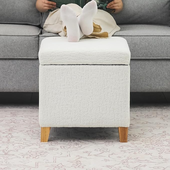 Adeco 18 Inch High Faux Fur White Cube Ottoman Storage, 3D Embossed Velvet Chair Foot Stools, Upholstered Vanity Stool with Hinged Lid, Solid Wood Legs
