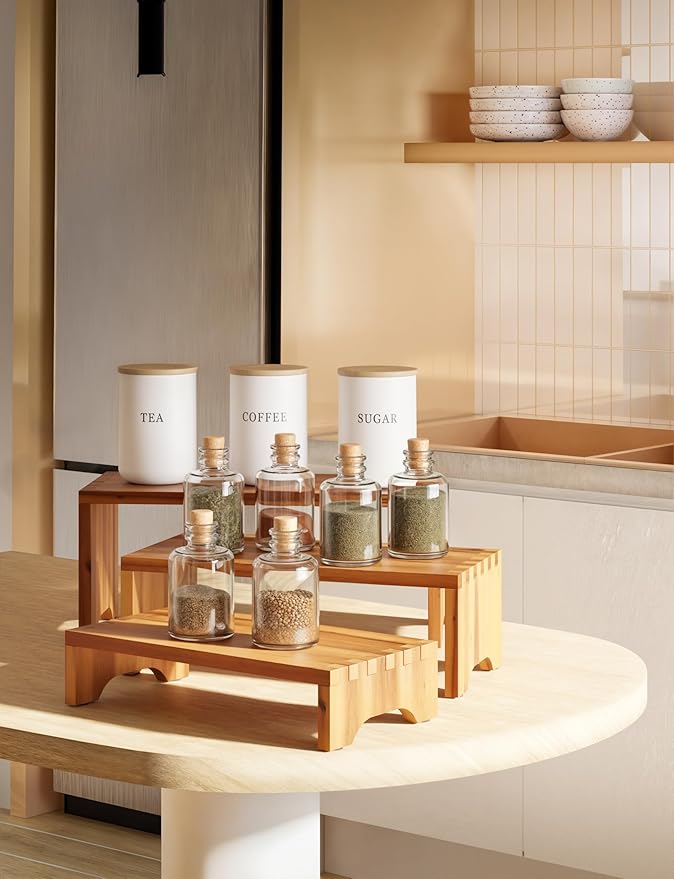 Acacia Wood Risers Display Stands Set of 3 - Wooden 3 Tier Cupcake Stand - 3 Tiered Riser for Vendors - Decorative Display Risers for Food Desserts Stand, Perfume, Funko POP at Party Wedding