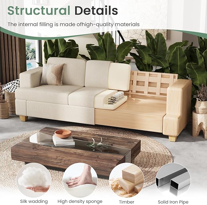 3 Pieces Corduroy Couch Set for Living Room, 3 Seater & Loveset*2 Cloud Sofa, Deep Seat Floor Couch for Bedroom, Futon Modern Sofa Bed, White Corduroy