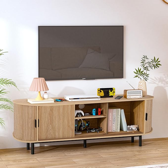 62" Tambour Door TV Stand,Wood Mid Century Modern TV Cabinet for Up to 75“ TV,Curved Edge Long TV Stand with Storage for Bedroom Living Room (Natural, 62.2inch)