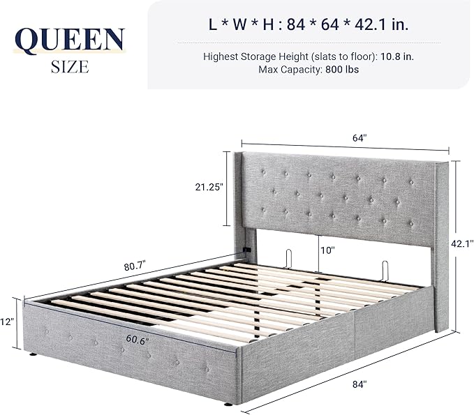 Allewie Queen Size Lift Up Storage Bed, Button Tufted Headboard with Wingback, Hydraulic Support, No Box Spring Needed, Light Grey