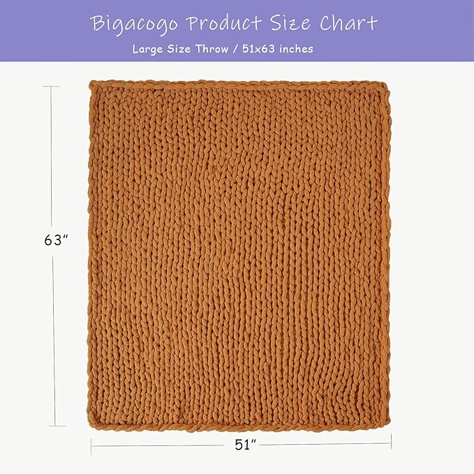 Bigacogo Chunky Knit Throw Blanket for Couch, 51x63 inches, 100% Hand Knitted with Thick Jumbo Chenille Yarn, Cozy Soft Large Rope Knot Cable Crochet Blankets for Sofa Bed Living Room, Burnt Orange
