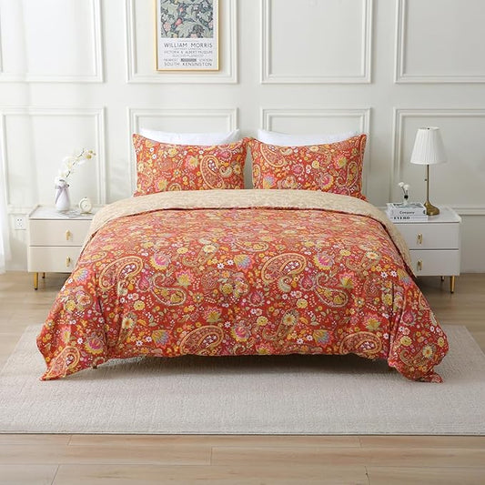ABREEZE Paisley Bedding Sets 3Pcs Brushed Cotton Duvet Cover Set King Size Rustic Damask Red Floral Comforter Cover with Zipper Closure Boho Bedding Collections