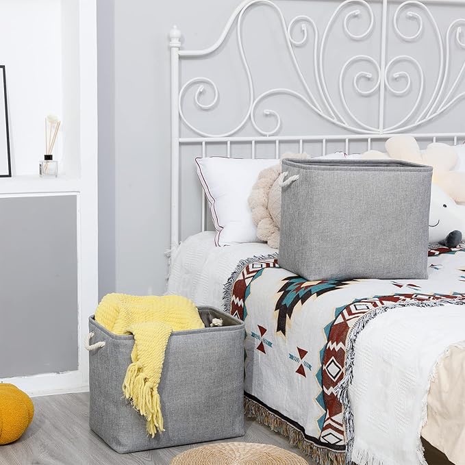 Bidtakay Collapsible Storage Bins for Clothes Large Grey Storage Baskets with Cotton Handles 17x12x15 In Set of 2 Fabric Cubby Storage Bins Livingroom Home Decorative Storage Organizer for Blankets