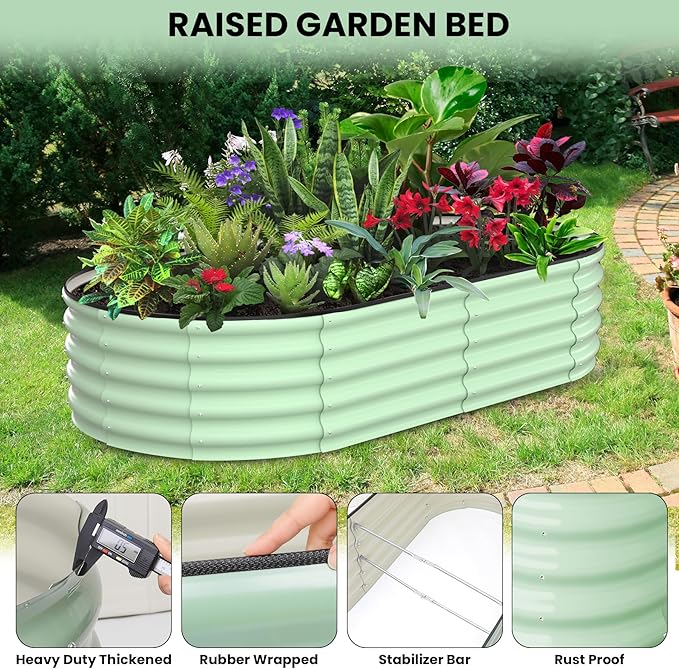 2 Pcs 6x3x1ft Oval Raised Garden Bed, Galvanized Raised Beds,Open-Ended Base Metal Raised Planter Beds,Garden Bed Outdoor,Planter Raised Boxes for Vegetables, Flowers,Tool-Free Asse,Green