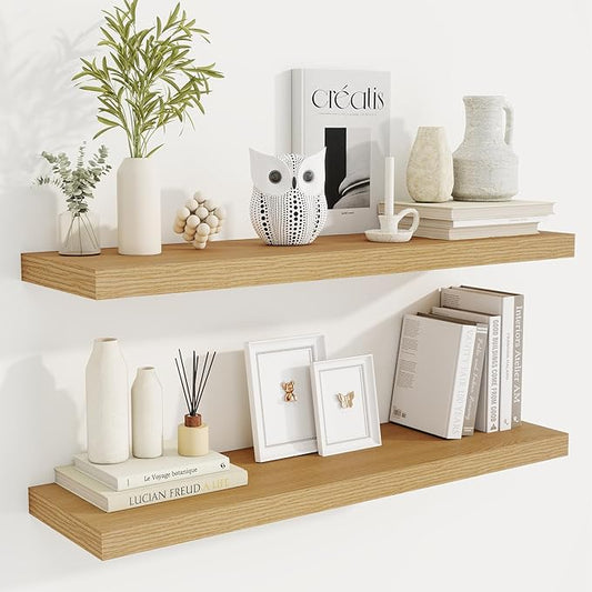 36 Inch Floating Shelves, 9.3 Inch Deep Rustic Wall Shelves - Extra Deeper Wall Mounted Storage Shelves for Bathroom, Kitchen, Living Room (Oak, Set of 2)