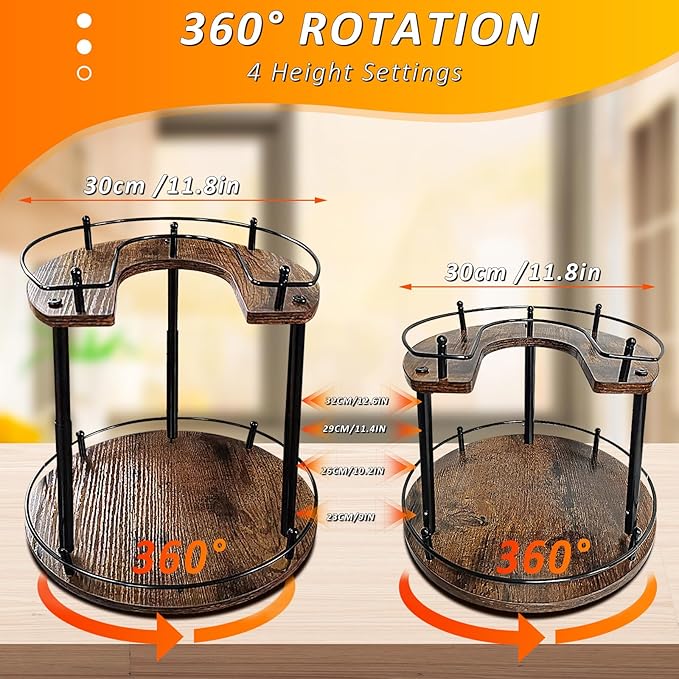 2-Tier Lazy Susan Organizer, Rotating Spice Rack with Stable Carousel Base & 4 Height Settings, Spice Rack Organizer for Cupboard Kitchen Countertop Dining Table