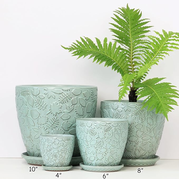 8 Inch + 6 Inch Plant Pots for Indoor Plants, Ceramic Planter with Drainage Hole and Saucers, Garden Pots for Succulent, Orchid, and Flower, Set of 2