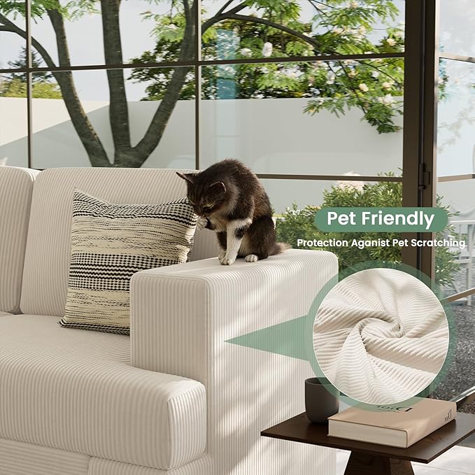 2 Pieces Corduroy Couch Set for Living Room, 5 Seats Cloud Sofa, Deep Seat Floor Couch for Bedroom, Futon Modern Sofa Bed, White Corduroy