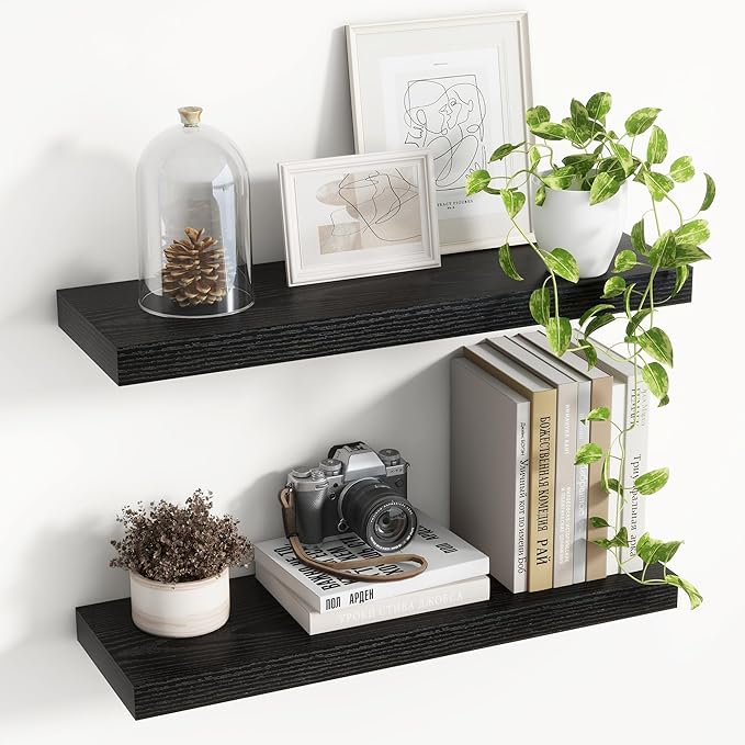 24 Inch Floating Shelves, 8 Inch Deep Floating Shelves for Wall, Hanging Shelf with Invisible Brackets, Deep Shelves for Bathroom, Bedroom, Living Room, Black, Set of 2