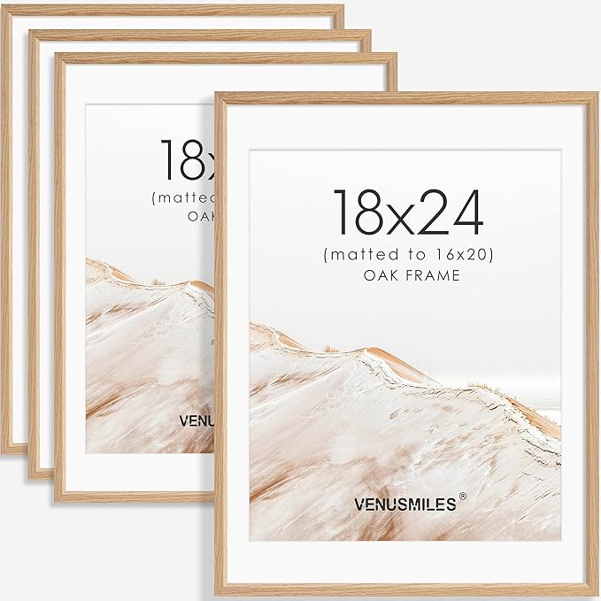18x24 Poster Frame Set of 4 Natural Solid Oak Photo Frames with 16x20 Removable Mat Wall Hanging Large Handcrafted Frame with HD Plexiglass Wall and Tabletop Display Large Picture Frame
