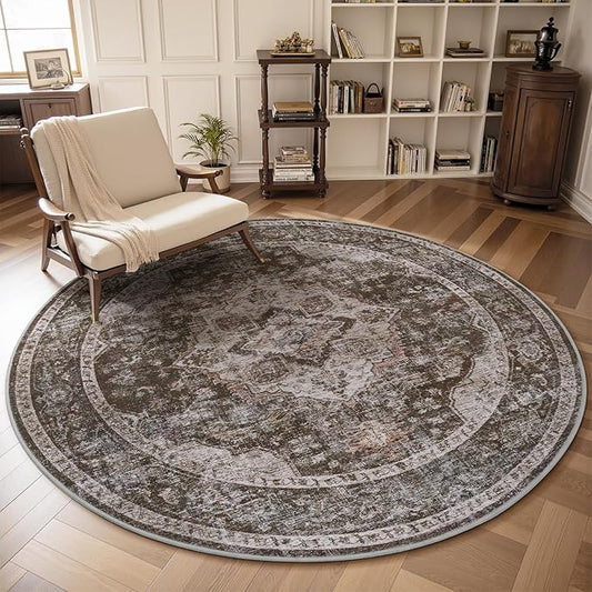 AMOAMI-6FT Round Rug-Rugs for Living Room-Vintage Soft Brick/Brown Rugs for Bedroom-Non Slip Circle Rug-Machine Washable Rug for Dining Room Living Room Bedroom Office Under Table
