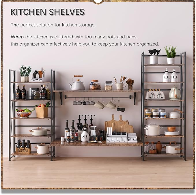 4NM No Assembly Foldable Bookshelf, 6-Shelf Collapsible Bookcase Storage for Small Spaces, 74" H, Rustic Brown and Black