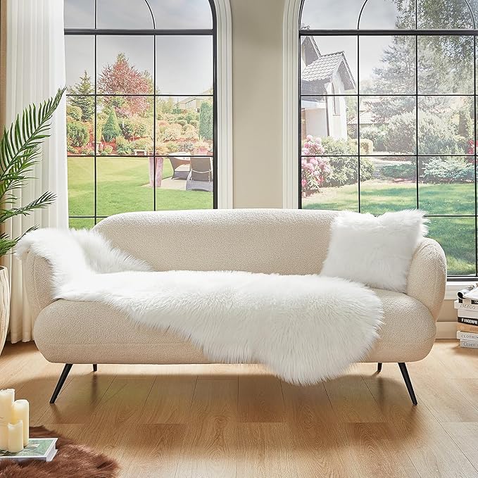 AMTOVO Faux Sheepskin Rug, White Ultra Soft Fluffy Shag Area Rug, 2 x 6 ft Faux Fur Rug for Bedroom Sofa Throw Cushion Room Decor, Sheepskin