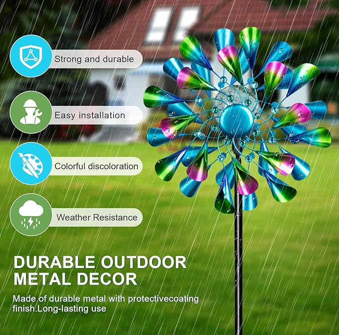 60'' Wind Spinner with Color Glass Ball Solar Lights, Green Peacock Feathers Metal Garden Outdoor Decor Yard Lawn Art Decor for Patio Kinetic Windmills Unique Gifts for Friends and Family