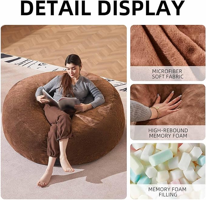Bean Bag Chair 5Ft, Memory Foam Filled, Large Beanbag Chairs for Adults and Teens, Soft Sofa with Removable Flannel Cover, Round Couch for Living Room Bedroom College Dorm (Coffee, 5FT-60×60"×24")