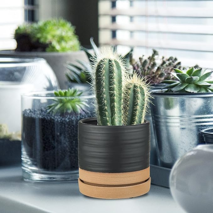 6 Inch Plant Pots, Ceramic Planter Pot with Drainage Hole & Saucer, Indoor/Outdoor Cylinder Round Planter Pot, Matte Black & Brown