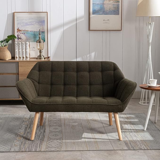 48" Small Loveseat Sofa, Modern Sherpa Mini Sofa Couch 2-Seater Fluffy Love Seat with Quilting Backs and Wood Legs for Living Room, Bedroom and Small Space, Green