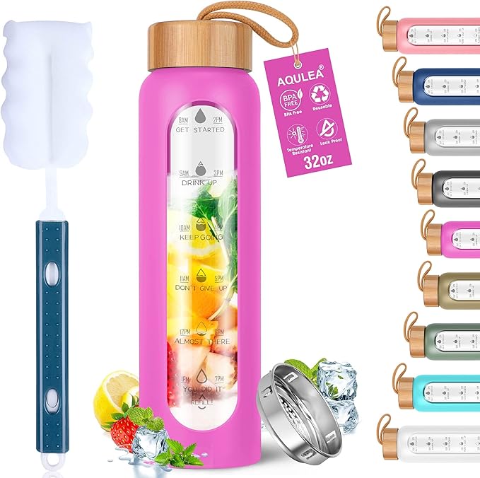 Aqulea Glass Water Bottles 32 Oz with Silicone Sleeve - BPA Free Reusable Wide Mouth Glass Motivational Water Bottles with Fruit Infuser – Leak Proof Borosilicate Water Bottle with Time Marker (Rose)