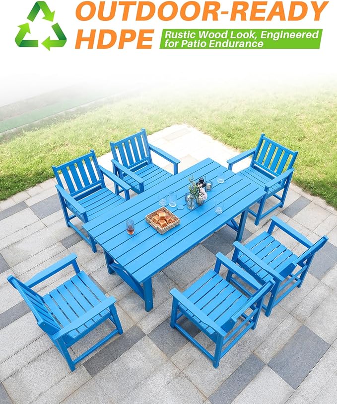 7 Pieces HDPE Outdoor Dining Set, Patio Dining Set with Umbrella Hole, All Weather Outdoor Dining Table Sets for 6, HDPE Patio Furniture Sets for Deck, Backyard, Lawn, and Poolside, Sky Blue