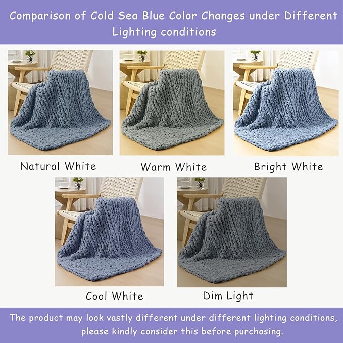 Bigacogo Chunky Knit Throw Blanket for Couch, 51x63 inches, 100% Hand Knitted with Thick Jumbo Chenille Yarn, Cozy Soft Large Rope Knot Cable Crochet Blankets for Sofa Bed Living Room, Cold Sea Blue