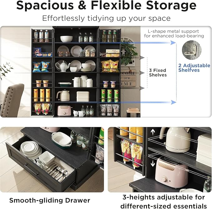 72" Farmhouse Kitchen Pantry Cabinet with Drawer, Tall Storage Cabinet with 2 Barn Doors and Shelves, Versatile Large Rustic Storage for Dining Room, Bathroom, Living Room, Black