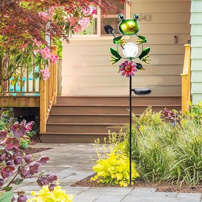 Afirst Solar Lights Outdoor Decorative Metal Frog Crackle Glass Globe Warm White LED Metal Waterproof Garden Stake Lights for Walkway Pathway Lawn Patio Yard Decorations