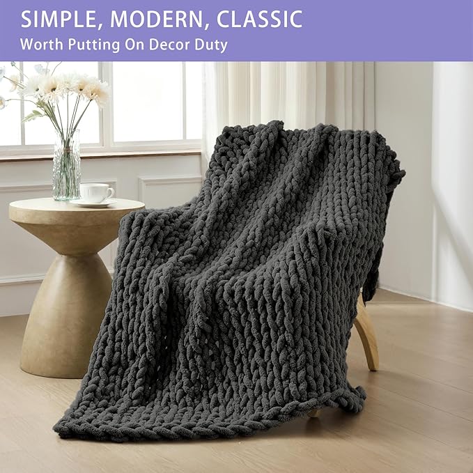 Bigacogo Chunky Knit Throw Blanket for Couch, 80x90 inches, 100% Hand Knitted with Thick Jumbo Chenille Yarn, Cozy Soft Large Rope Knot Cable Crochet Blankets for Sofa Bed Living Room, Dark Grey