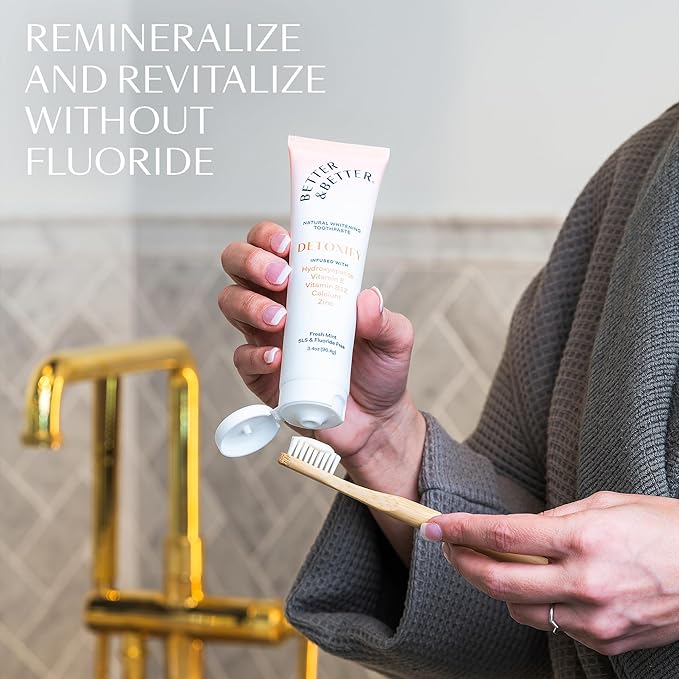 Better & Better Detoxify Hydroxyapatite Toothpaste | Whitening Toothpaste Infused w/Vitamins E & B12, Calcium & Zinc | Fluoride & SLS Free for Sensitive Brushers | Fresh Mint Flavor | 3.4oz, 3 Pack