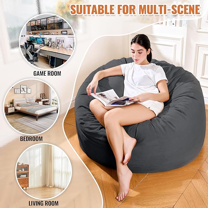 4FT Bean Bag Chair: Bean Bag with Velvet Cover, Fluffy and Comfy Bean Bag Chairs for Adults and Kids, Bean Bag Sofa Filled with High-Density Sponge for Gaming (Black)