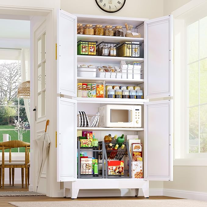 75.2" Tall Metal Pantry Cabinet, Kitchen Pantry Storage Cabinets with 4 Door and 4 Adjustable Shelves, White Storage Cabinet, Freestanding Cupboard for Kitchen Dining Room Living Room Bathroom