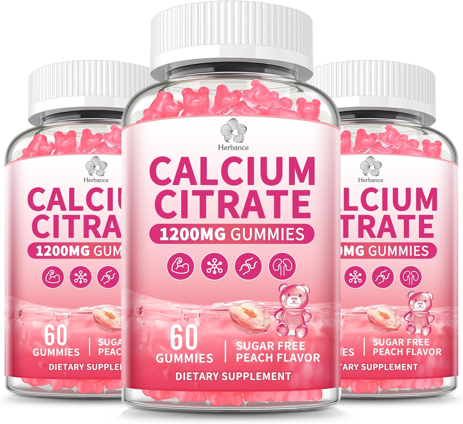 (3 Pack) Calcium Citrate Gummies 1200 mg for Adults, High Absorption Calcium Supplement for Women & Men, Sugar Free, Non-GMO, Gluten Free, Supports Muscle & Immune - Natural Peach Flavor